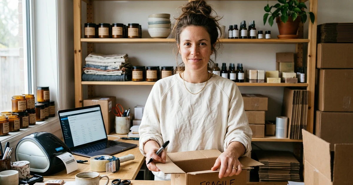 Une entrepreneuse souriante dans son atelier à domicile, un colis ouvert et un marqueur à la main, entourée de ses produits, d'une imprimante d'étiquettes et de son ordinateur
