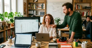 Deux collègues devant un grand écran dans un bureau partagé, l'un désigne l'écran, l'autre regarde l'objectif en souriant
