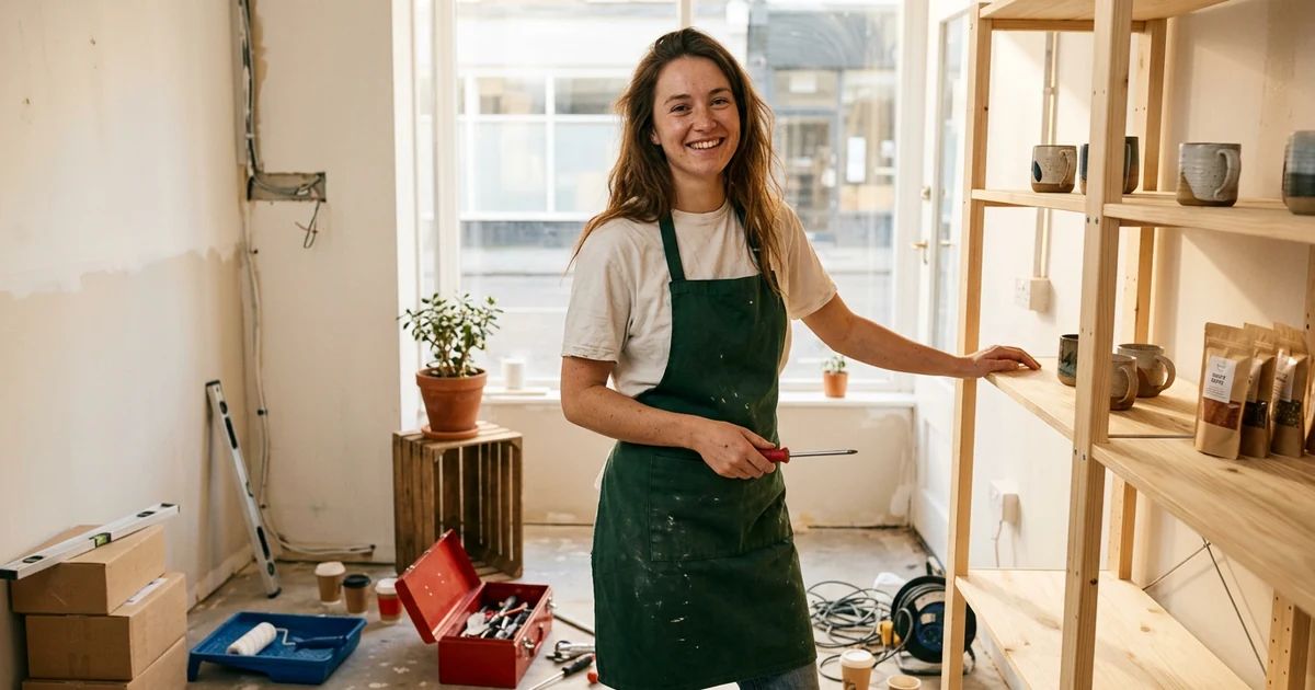 Une jeune entrepreneuse se retourne vers l'objectif dans un local en cours d'aménagement, tournevis en main et premiers produits posés