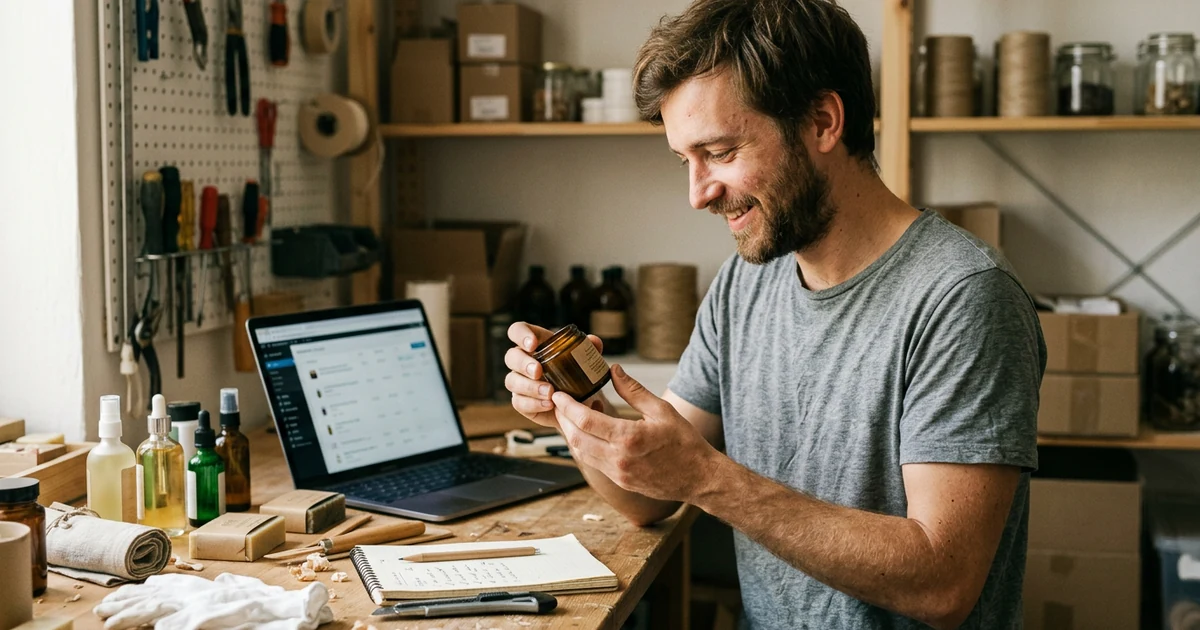 Un jeune homme examine un produit dans ses mains à son établi, un ordinateur portable ouvert devant lui
