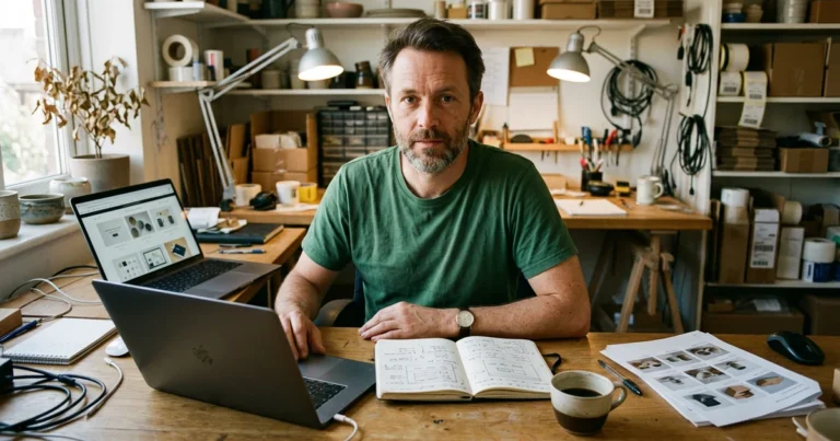 Un créateur de boutique assis à son bureau compare des mises en page de thème sur son ordinateur portable, carnet annoté à côté, dans un atelier vivant aux couleurs chaudes