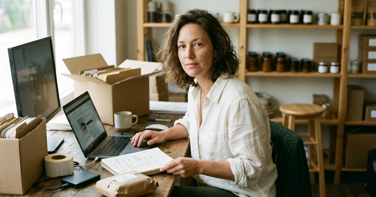 Une commerçante assise à sa table de travail prépare la migration de sa boutique en ligne sur un ordinateur portable, carnet de notes cochées à la main, entourée de dossiers, d'étiquettes et de ses produits