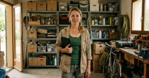 Une gérante debout dans sa réserve, une tablette à la main, elle regarde l'objectif devant ses étagères de produits