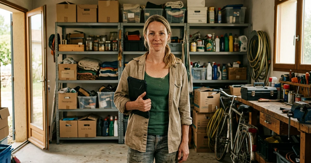 Une gérante debout dans sa réserve, une tablette à la main, elle regarde l'objectif devant ses étagères de produits