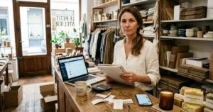 Une gérante de boutique debout derrière son comptoir, un carnet à la main, face à un ordinateur portable ouvert, entourée de ses produits