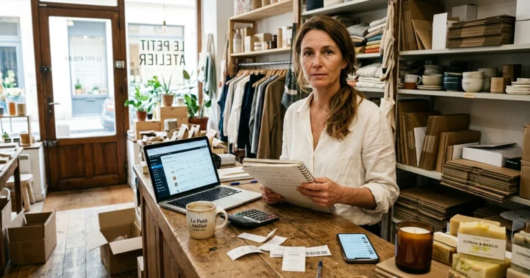 Une gérante de boutique debout derrière son comptoir, un carnet à la main, face à un ordinateur portable ouvert, entourée de ses produits