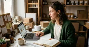Une créatrice assise à son bureau d'atelier devant un ordinateur portable ouvert sur son futur site de boutique en ligne, entourée de ses produits finis, de fiches notes et d'une tasse de café