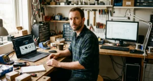 Un homme assis entre deux postes de travail se retourne vers l'objectif, un ordinateur portable d'un côté et un écran fixe de l'autre