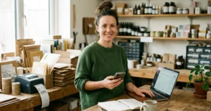 Une commerçante debout à son établi vérifie les paiements du jour sur son ordinateur, regard vers l'objectif, autour d'elle des produits et une imprimante d'étiquettes
