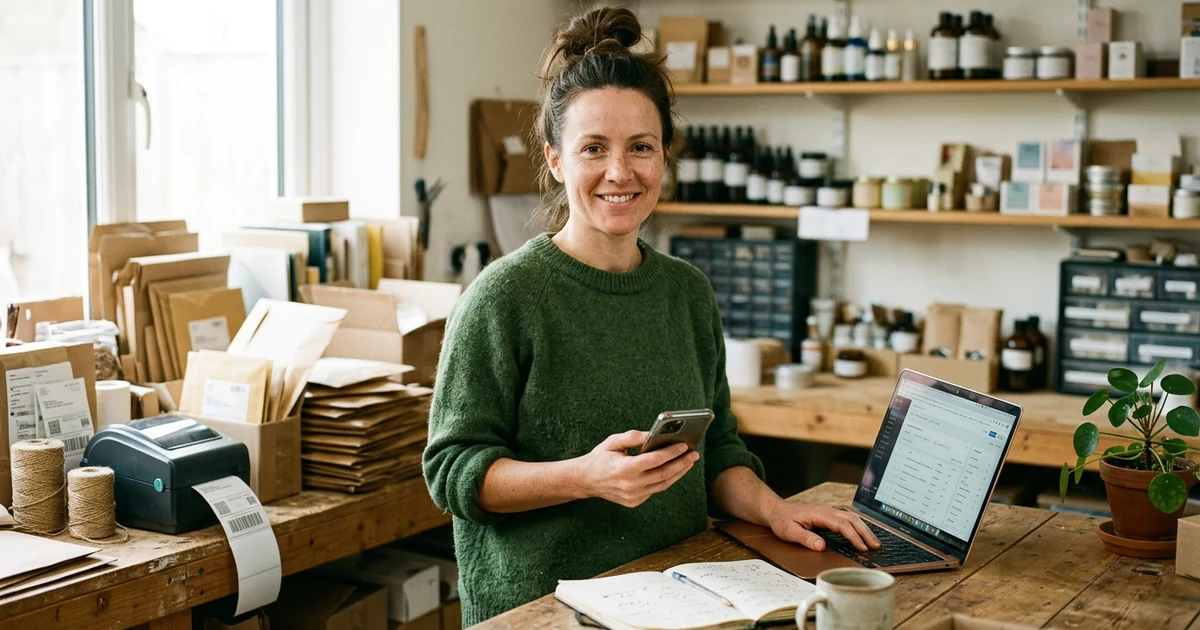 Une commerçante debout à son établi vérifie les paiements du jour sur son ordinateur, regard vers l'objectif, autour d'elle des produits et une imprimante d'étiquettes