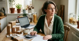 Une entrepreneuse quinquagénaire à lunettes réfléchit devant sa calculatrice et ses relevés de coûts, à sa table de travail