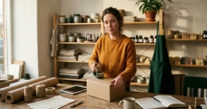 Une vendeuse prépare ses commandes dans son atelier, tablette en main, entourée de ses produits rangés sur des étagères en bois et de fournitures d’emballage