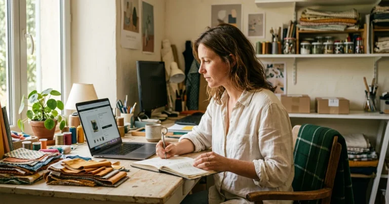 Une créatrice travaille sur sa boutique en ligne depuis son atelier : ordinateur ouvert sur une fiche produit, échantillons de tissus imprimés posés à côté, étagères de créations en arrière-plan